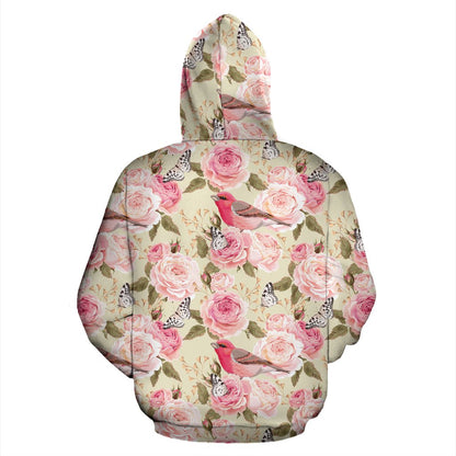 Bird Butterfly Pink Flower Print Pattern Pullover Hoodie