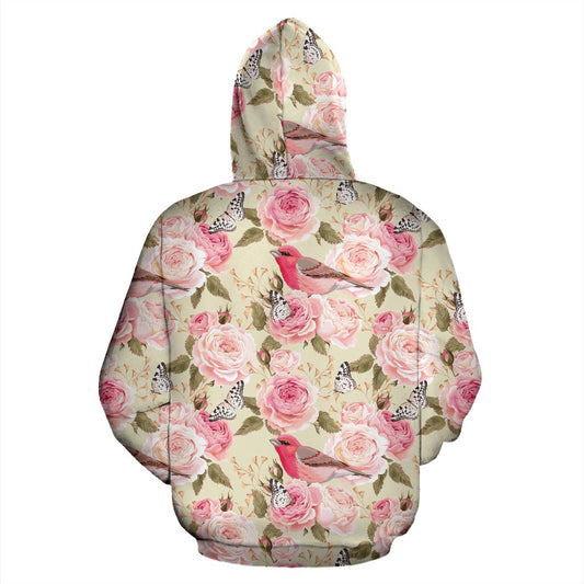 Bird Butterfly Pink Flower Print Pattern Pullover Hoodie
