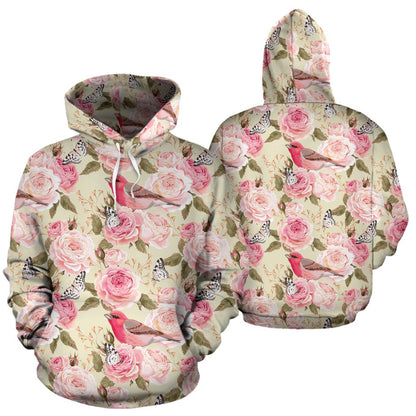 Bird Butterfly Pink Flower Print Pattern Pullover Hoodie