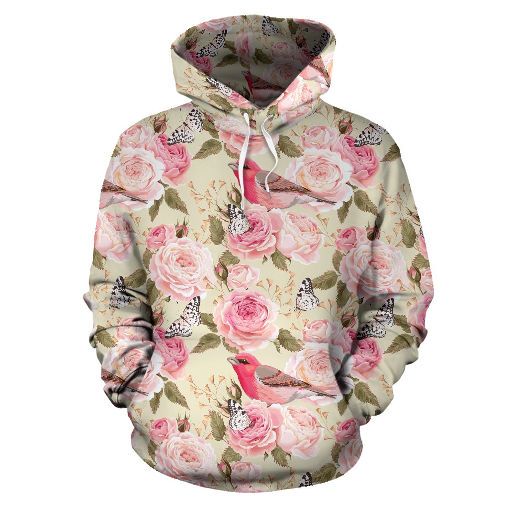 Bird Butterfly Pink Flower Print Pattern Pullover Hoodie