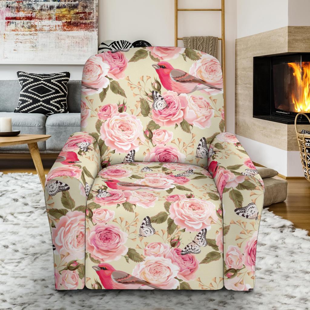 Bird Butterfly Pink Flower Print Pattern Single Sofa Slipcover -JTAMIGO.COM