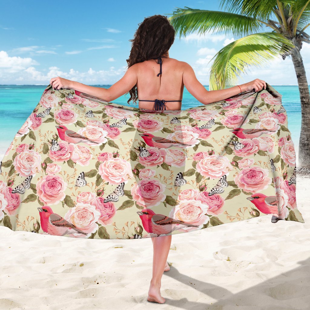 Bird Butterfly Pink Flower Print Pattern Sarong Pareo Wrap