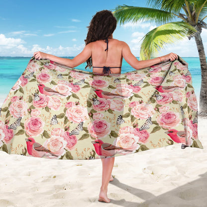 Bird Butterfly Pink Flower Print Pattern Sarong Pareo Wrap