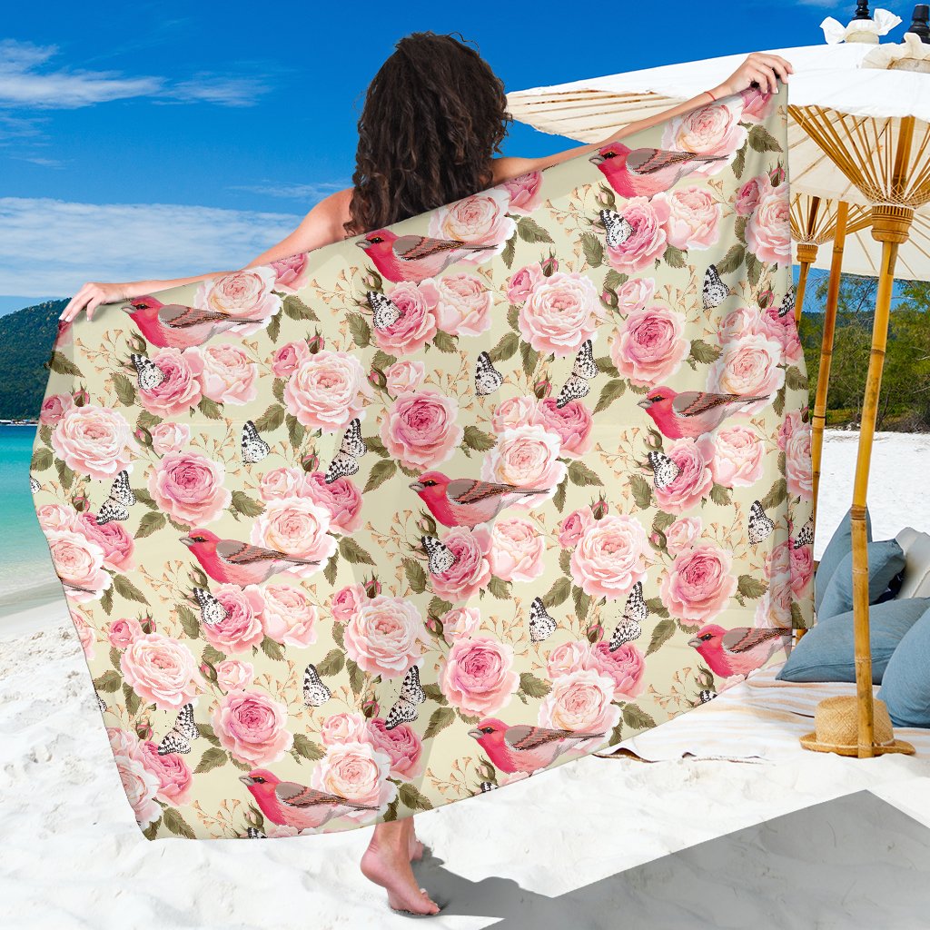 Bird Butterfly Pink Flower Print Pattern Sarong Pareo Wrap
