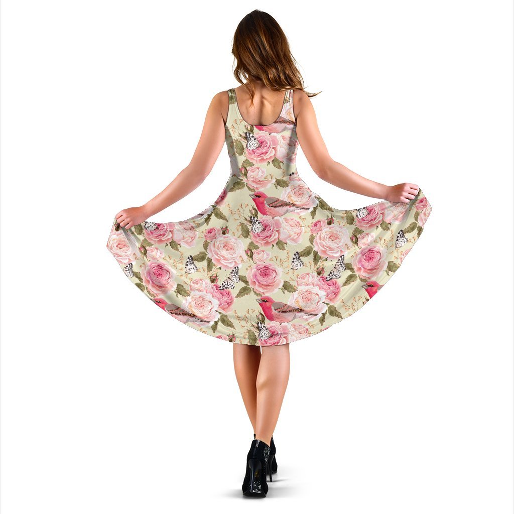 Bird Butterfly Pink Flower Print Pattern Sleeveless Dress