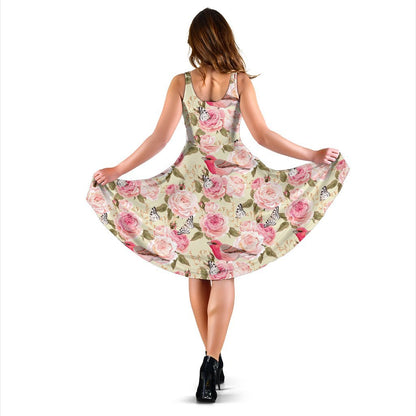 Bird Butterfly Pink Flower Print Pattern Sleeveless Dress