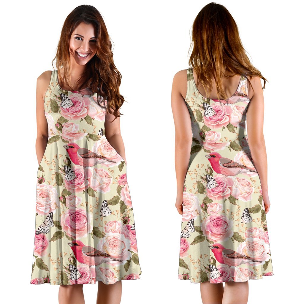 Bird Butterfly Pink Flower Print Pattern Sleeveless Dress