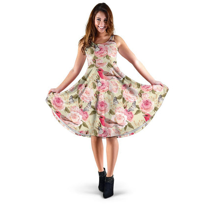 Bird Butterfly Pink Flower Print Pattern Sleeveless Dress