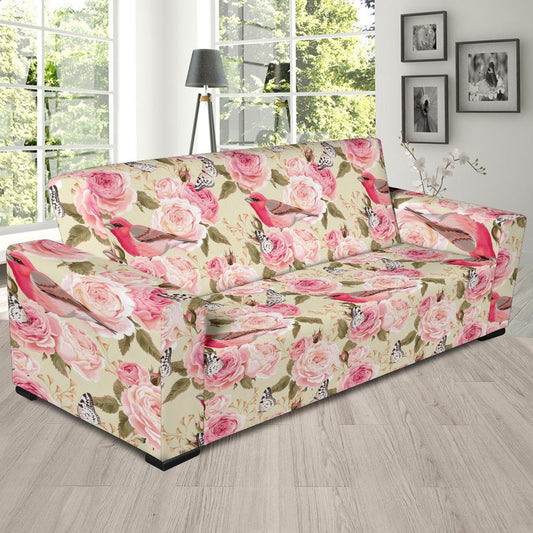 Bird Butterfly Pink Flower Print Pattern Sofa Slipcover-JTAMIGO.COM
