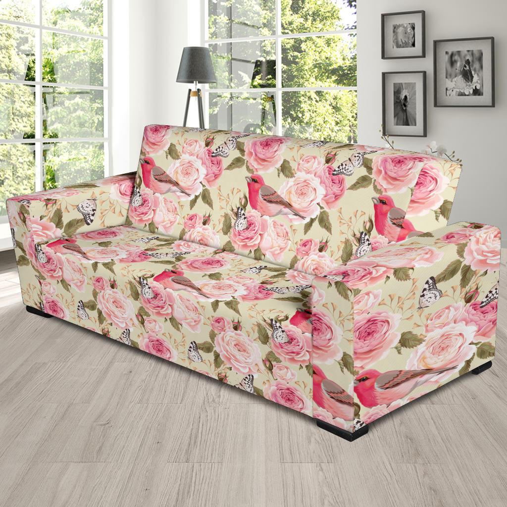 Bird Butterfly Pink Flower Print Pattern Sofa Slipcover-JTAMIGO.COM