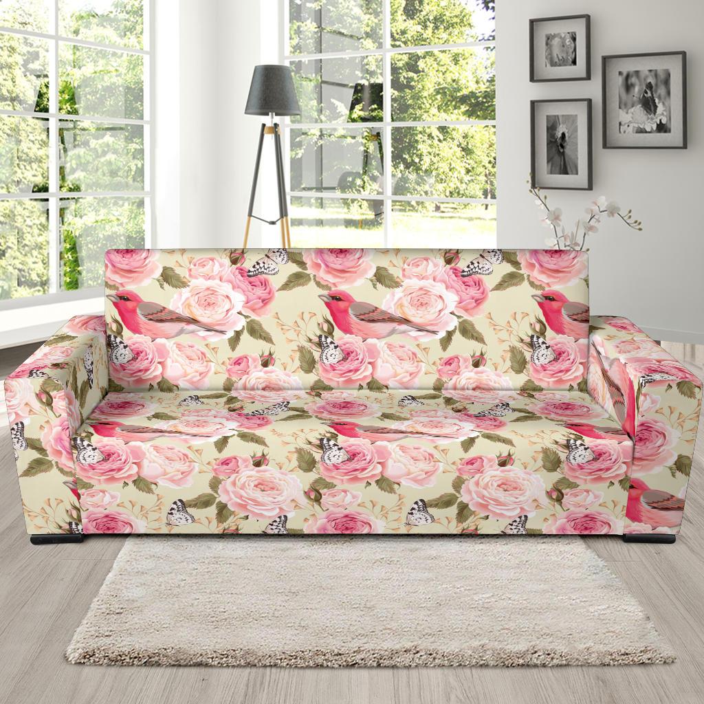 Bird Butterfly Pink Flower Print Pattern Sofa Slipcover-JTAMIGO.COM