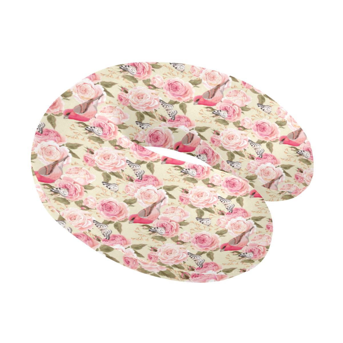 Bird Butterfly Pink Flower Print Pattern U-Shaped Travel Neck Pillow-JTAMIGO.COM
