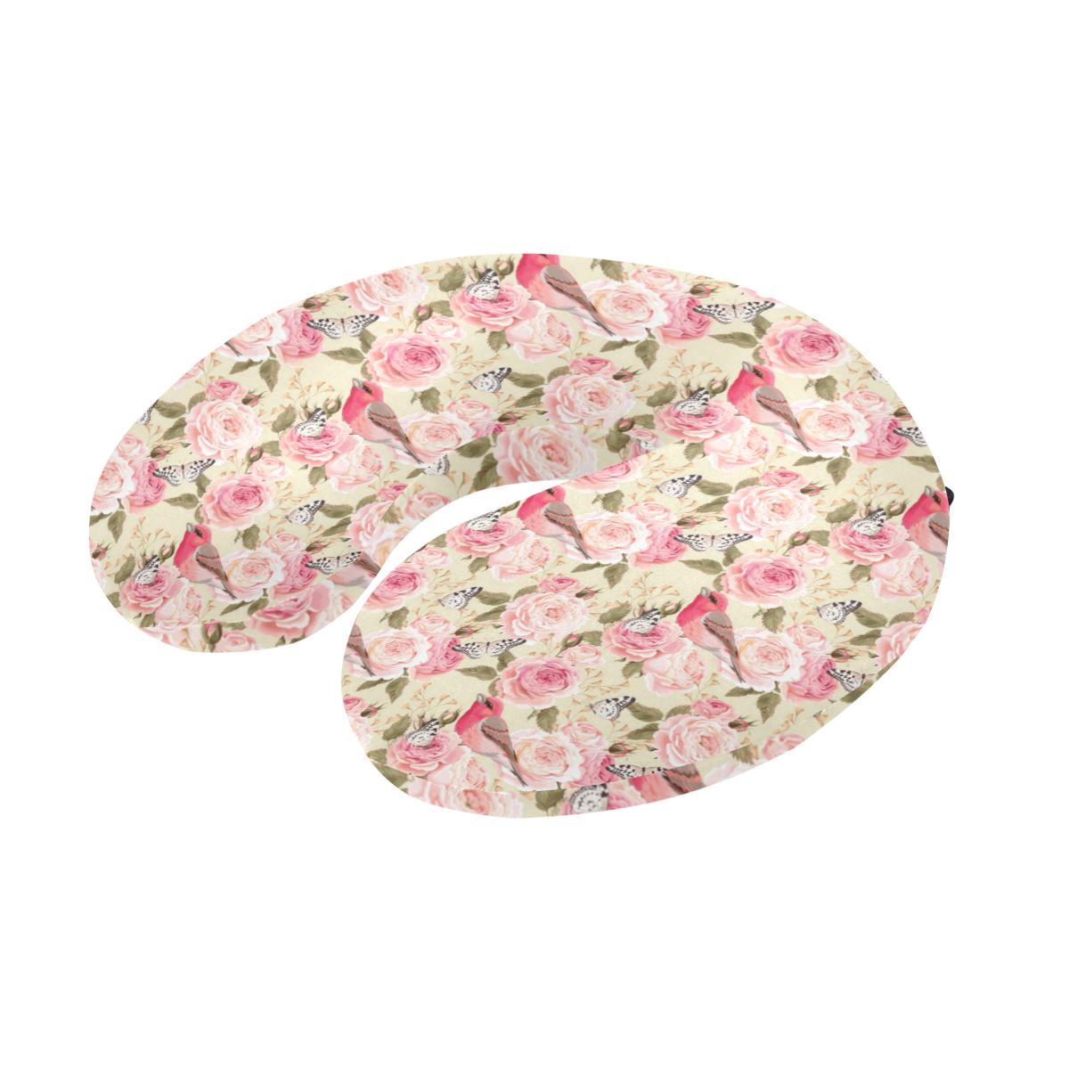 Bird Butterfly Pink Flower Print Pattern U-Shaped Travel Neck Pillow-JTAMIGO.COM