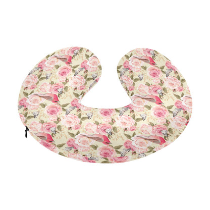 Bird Butterfly Pink Flower Print Pattern U-Shaped Travel Neck Pillow-JTAMIGO.COM
