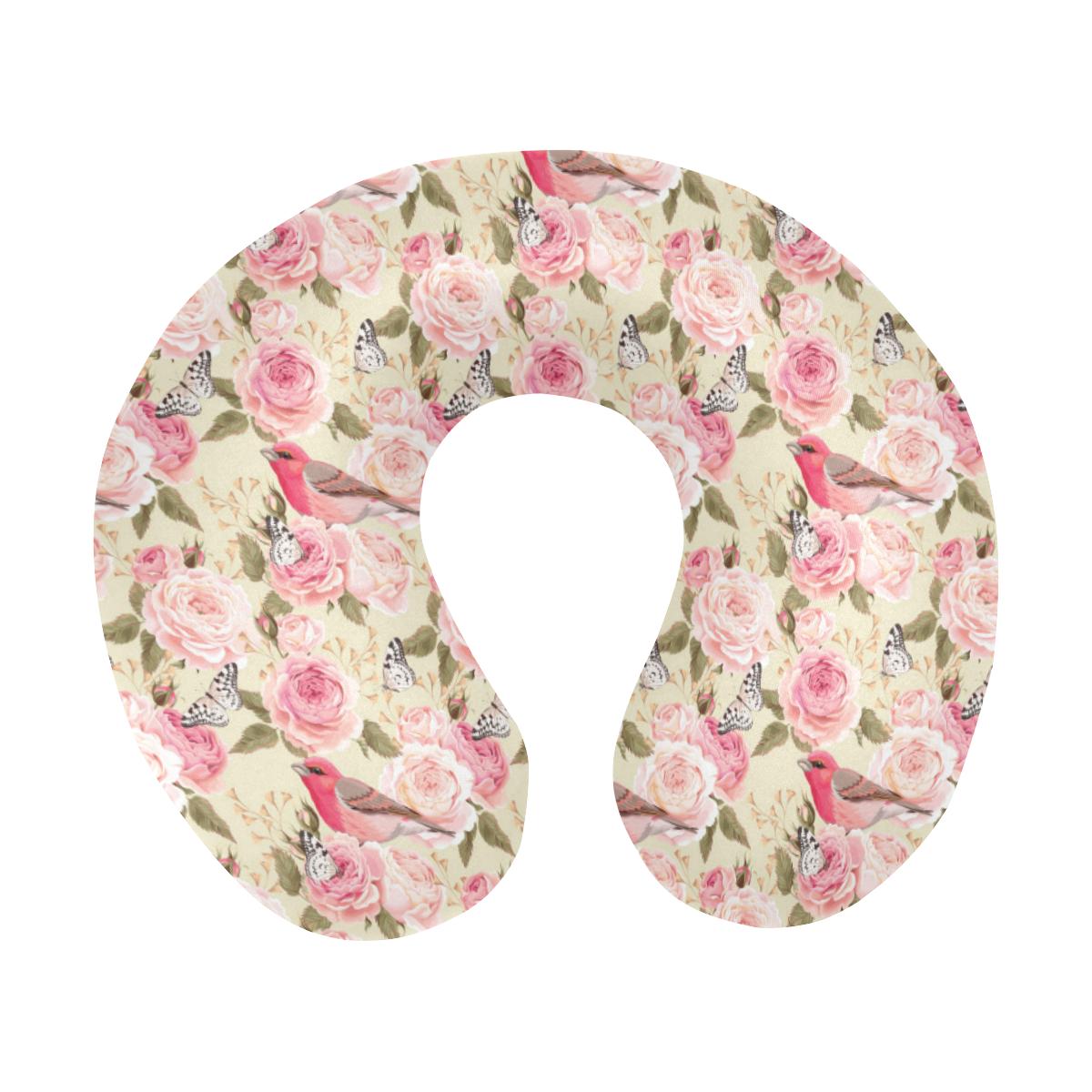 Bird Butterfly Pink Flower Print Pattern U-Shaped Travel Neck Pillow-JTAMIGO.COM