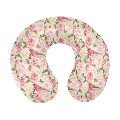 Bird Butterfly Pink Flower Print Pattern U-Shaped Travel Neck Pillow-JTAMIGO.COM