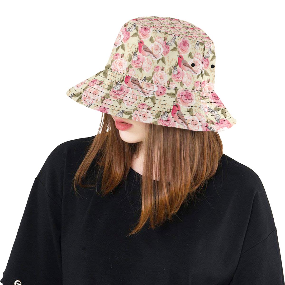 Bird Butterfly Pink Flower Print Pattern Unisex Bucket Hat