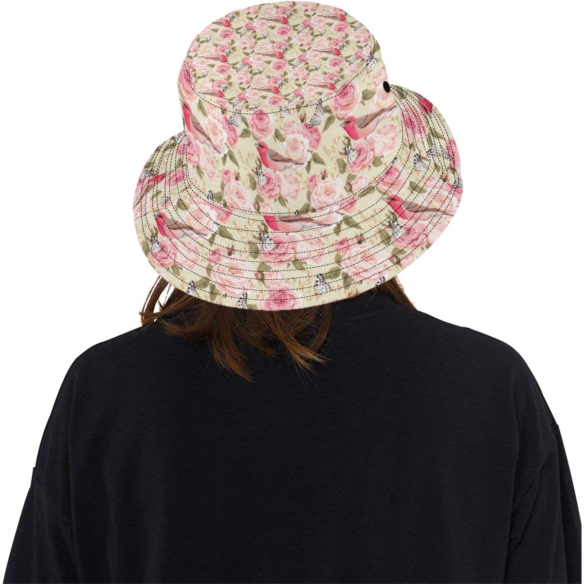 Bird Butterfly Pink Flower Print Pattern Unisex Bucket Hat