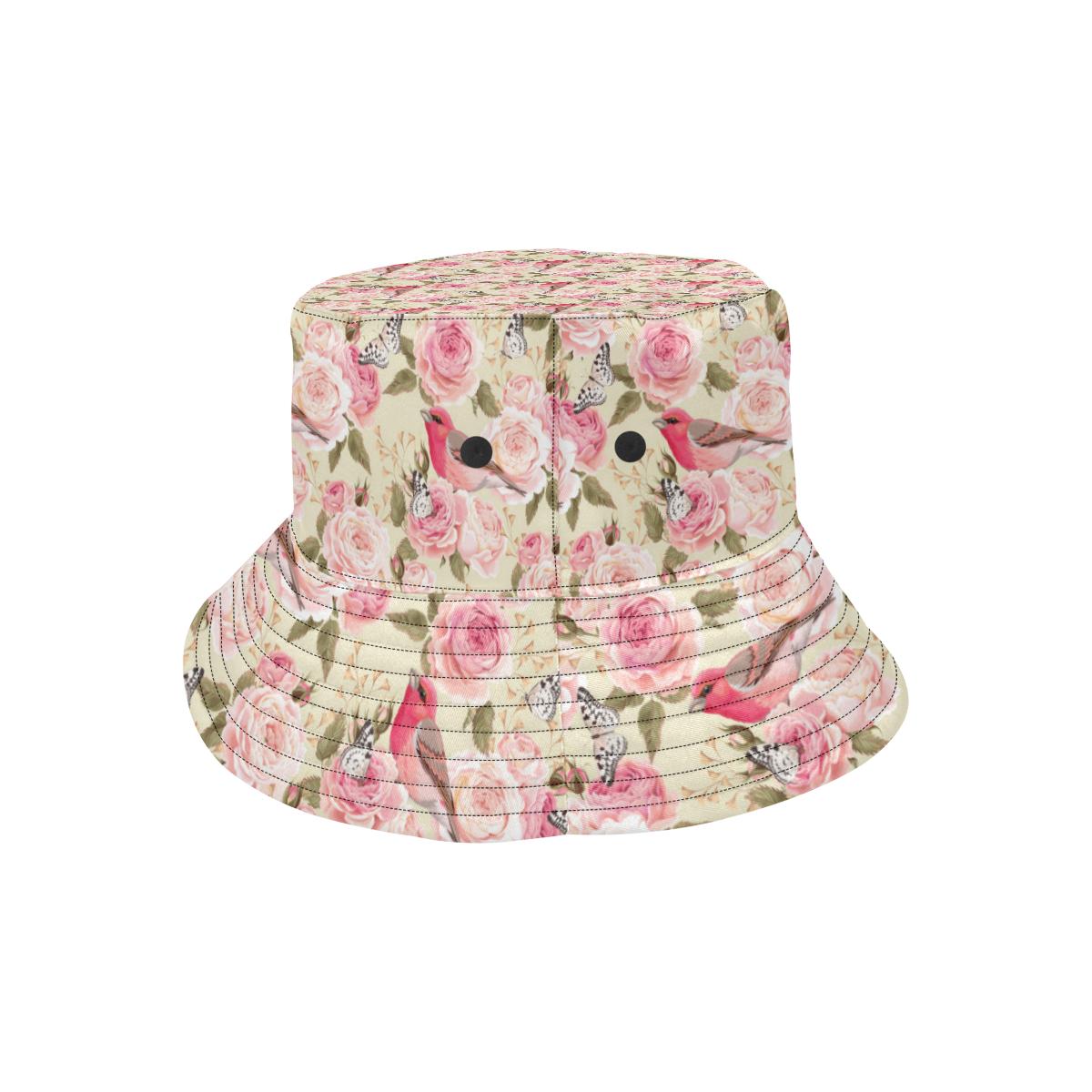 Bird Butterfly Pink Flower Print Pattern Unisex Bucket Hat