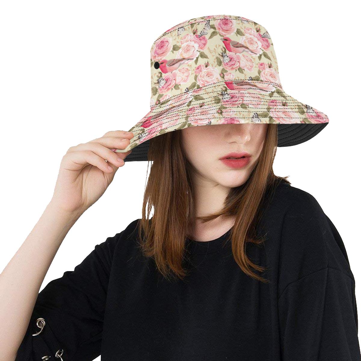Bird Butterfly Pink Flower Print Pattern Unisex Bucket Hat