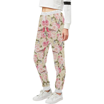 Bird Butterfly Pink Flower Print Pattern Unisex Casual Sweatpants (Model L11)-JTAMIGO.COM