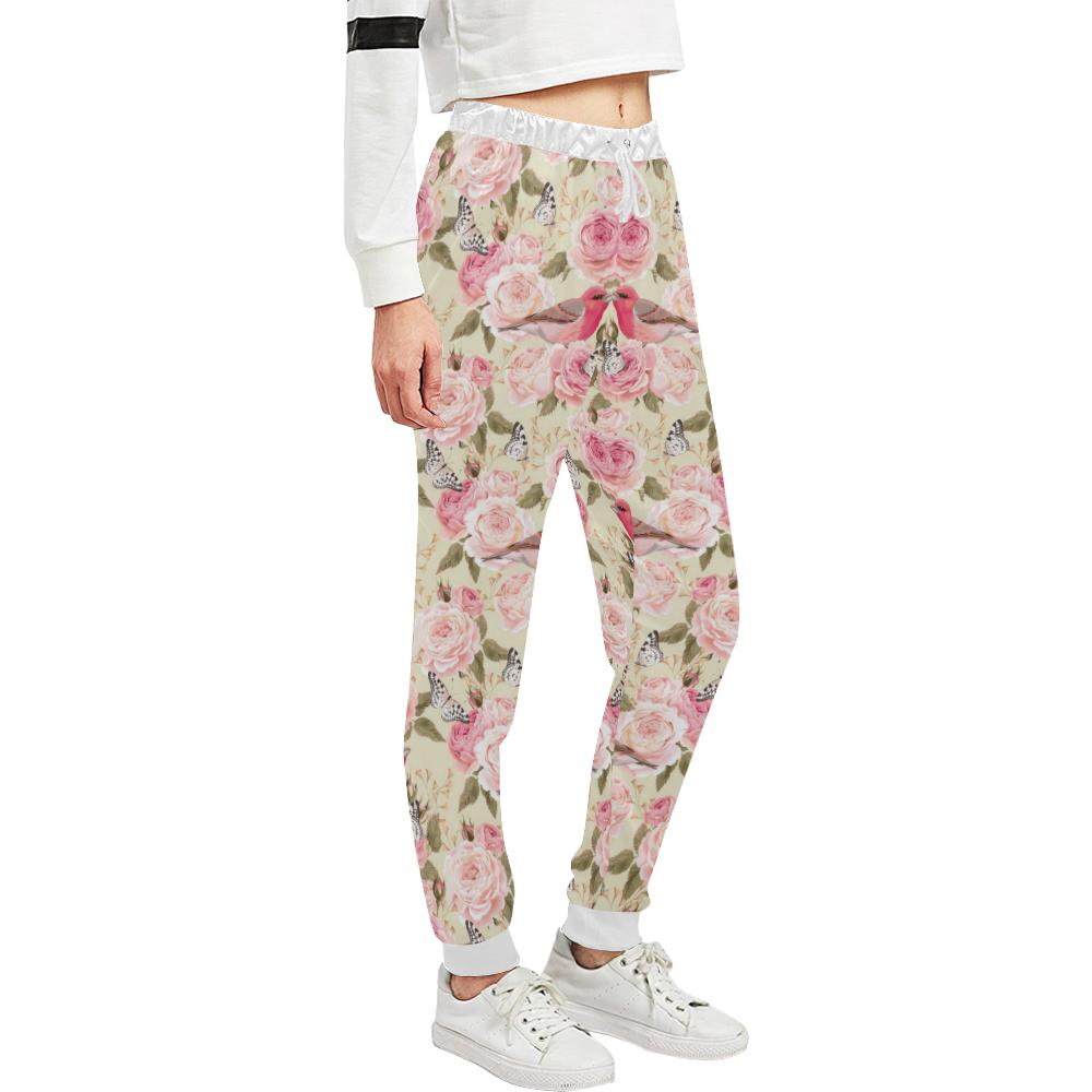 Bird Butterfly Pink Flower Print Pattern Unisex Casual Sweatpants (Model L11)-JTAMIGO.COM