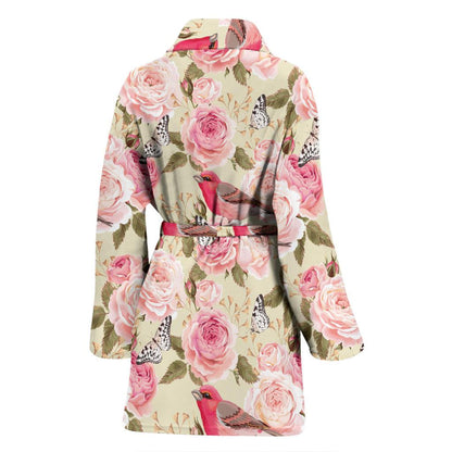 Bird Butterfly Pink Flower Print Pattern Women Bath Robe-JTAMIGO.COM