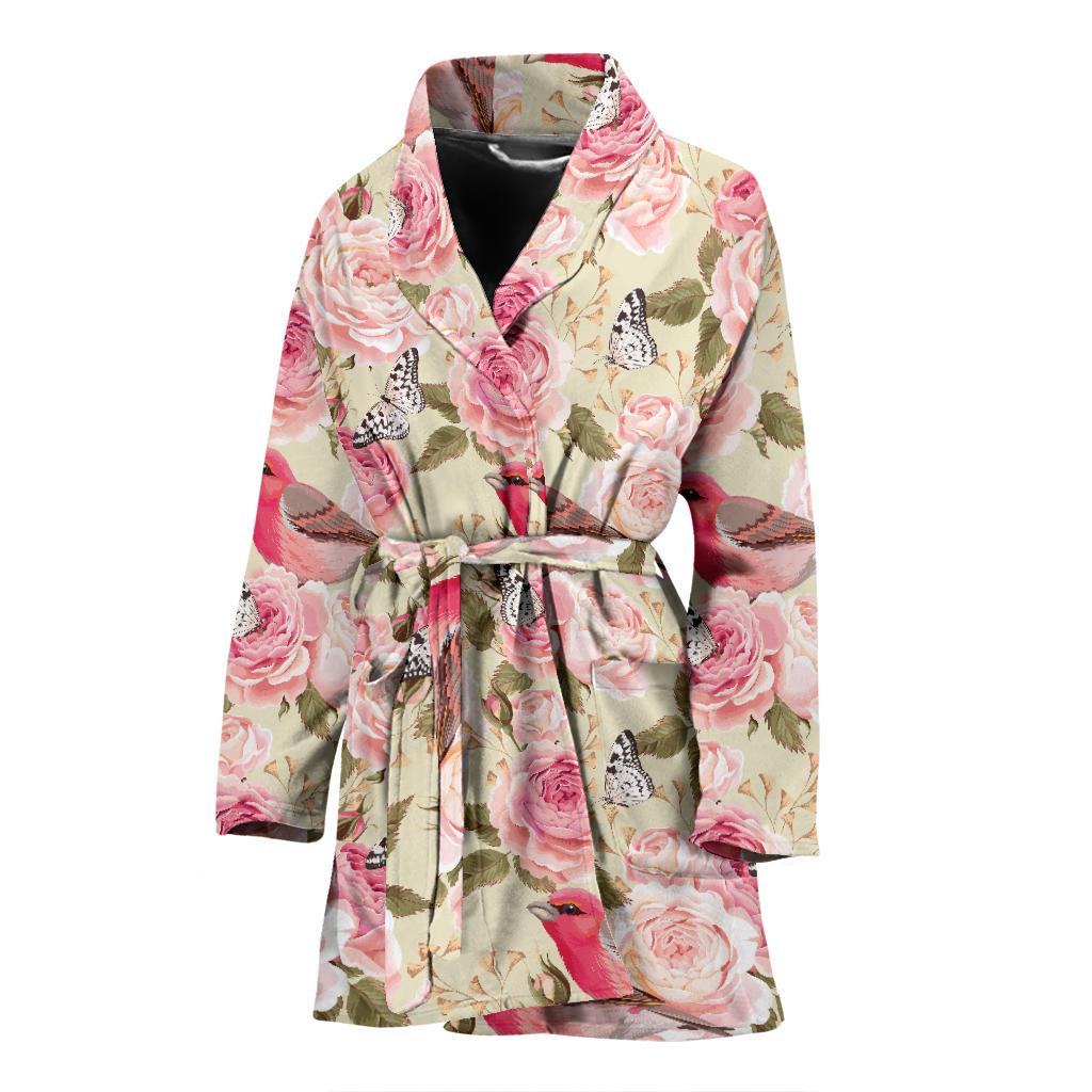 Bird Butterfly Pink Flower Print Pattern Women Bath Robe-JTAMIGO.COM