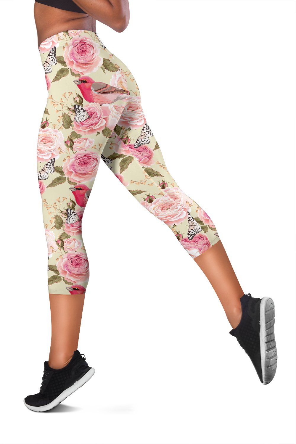 Bird Butterfly Pink Flower Print Pattern Women Capris