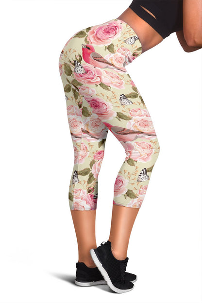 Bird Butterfly Pink Flower Print Pattern Women Capris