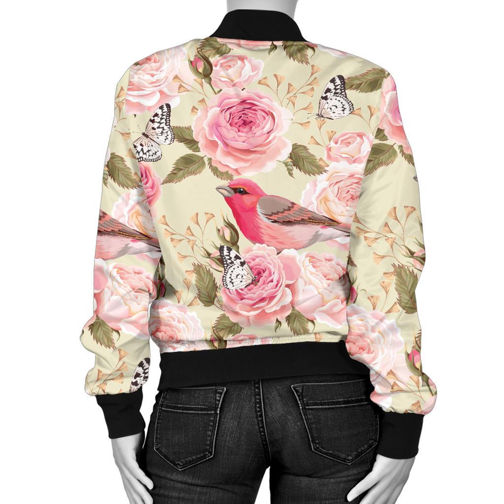 Bird Butterfly Pink Flower Print Pattern Women Casual Bomber Jacket