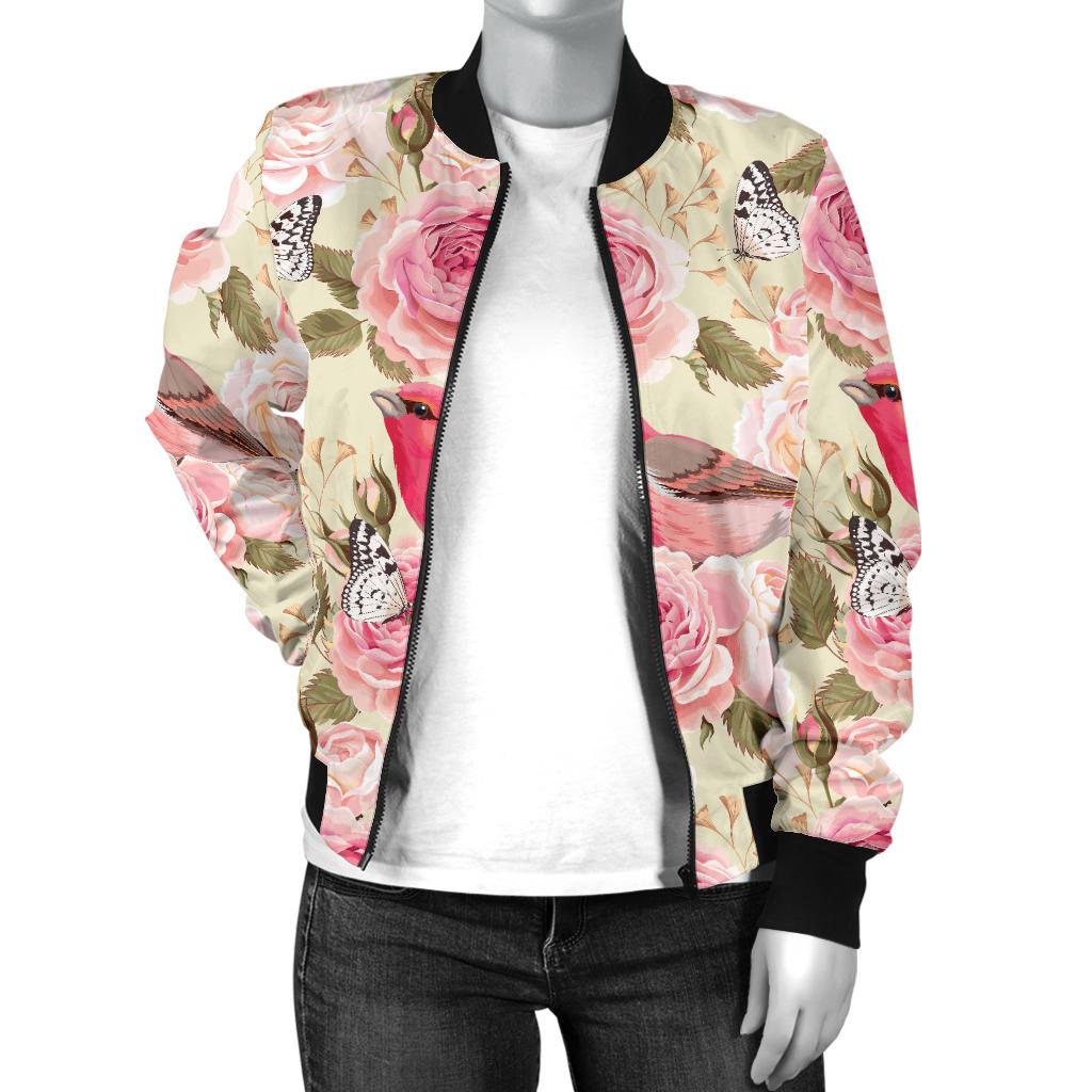 Bird Butterfly Pink Flower Print Pattern Women Casual Bomber Jacket
