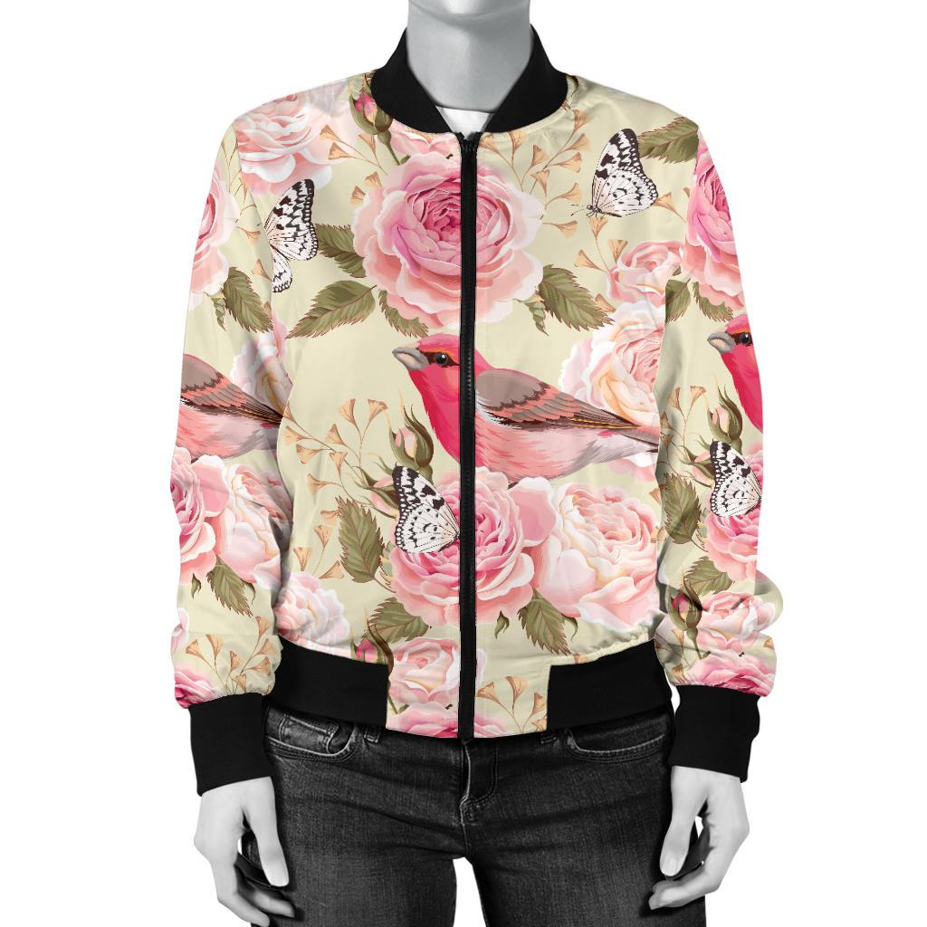 Bird Butterfly Pink Flower Print Pattern Women Casual Bomber Jacket
