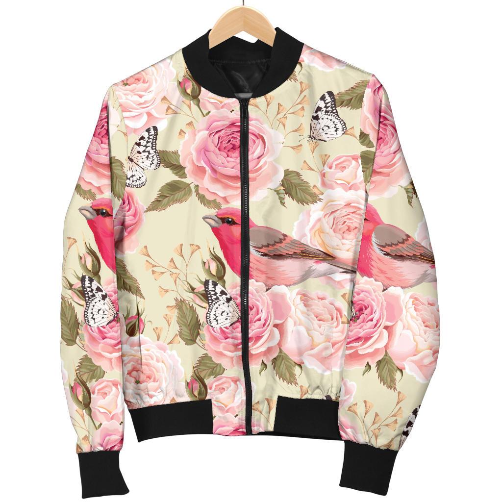 Bird Butterfly Pink Flower Print Pattern Women Casual Bomber Jacket