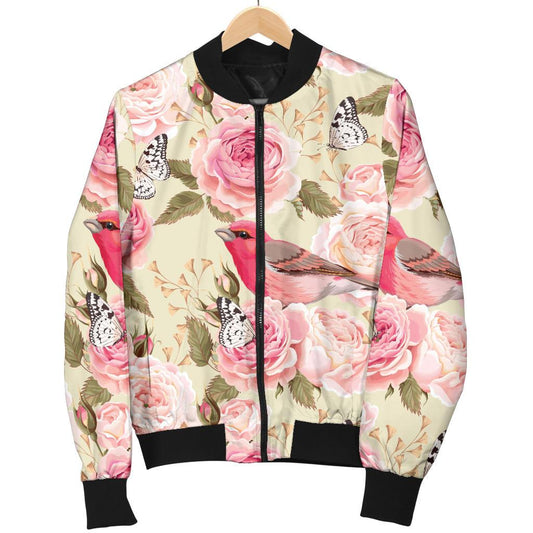 Bird Butterfly Pink Flower Print Pattern Women Casual Bomber Jacket
