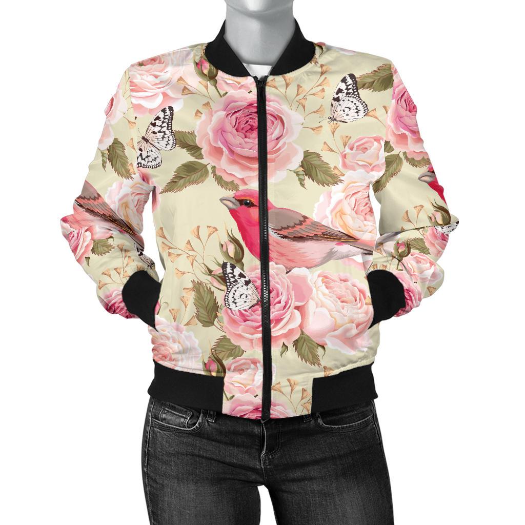 Bird Butterfly Pink Flower Print Pattern Women Casual Bomber Jacket