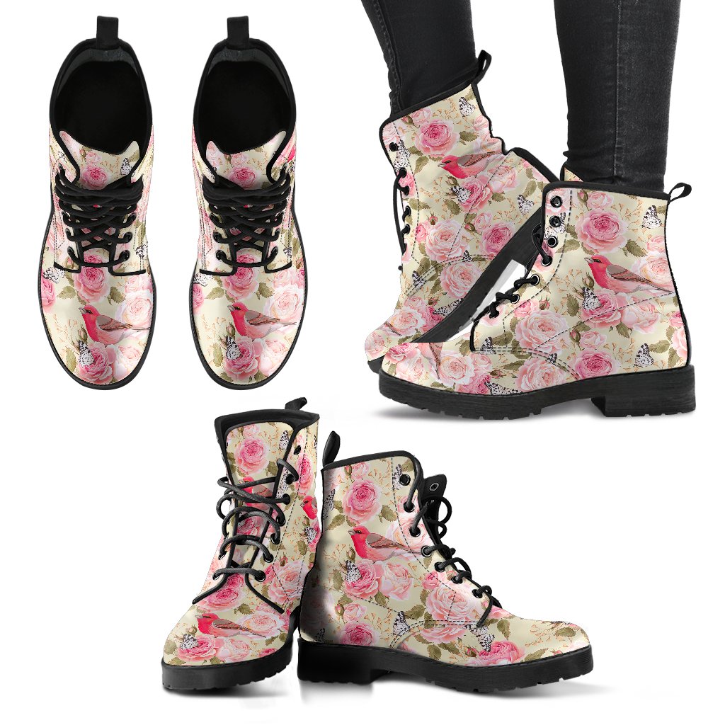 Bird Butterfly Pink Flower Print Pattern Women Leather Boots-JTAMIGO.COM