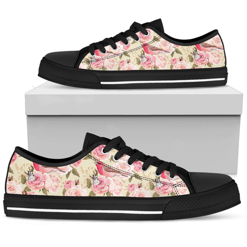 Bird Butterfly Pink Flower Print Pattern Women Low Top Shoes