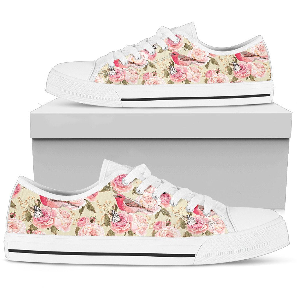 Bird Butterfly Pink Flower Print Pattern Women Low Top Shoes