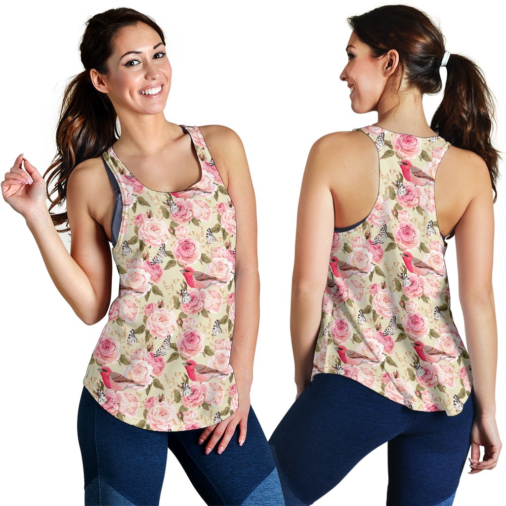 Bird Butterfly Pink Flower Print Pattern Women Racerback Tank Top