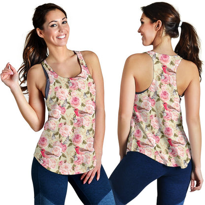 Bird Butterfly Pink Flower Print Pattern Women Racerback Tank Top