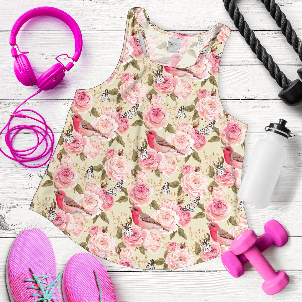 Bird Butterfly Pink Flower Print Pattern Women Racerback Tank Top