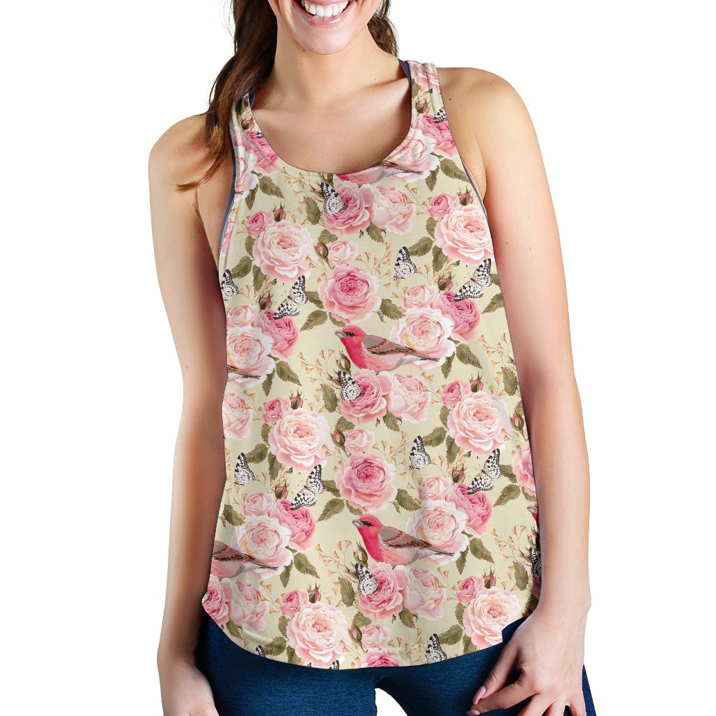 Bird Butterfly Pink Flower Print Pattern Women Racerback Tank Top