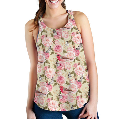 Bird Butterfly Pink Flower Print Pattern Women Racerback Tank Top