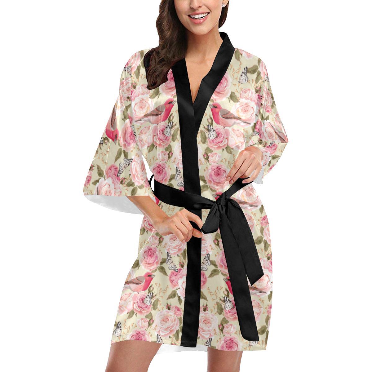 Bird Butterfly Pink Flower Print Pattern Women Short Kimono Robe