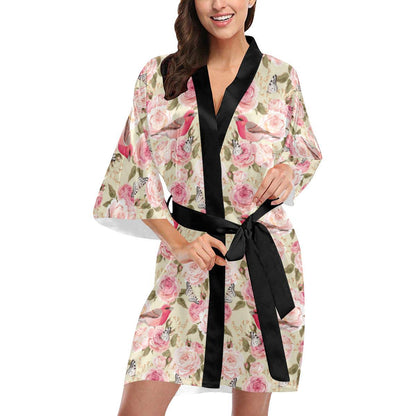Bird Butterfly Pink Flower Print Pattern Women Short Kimono Robe