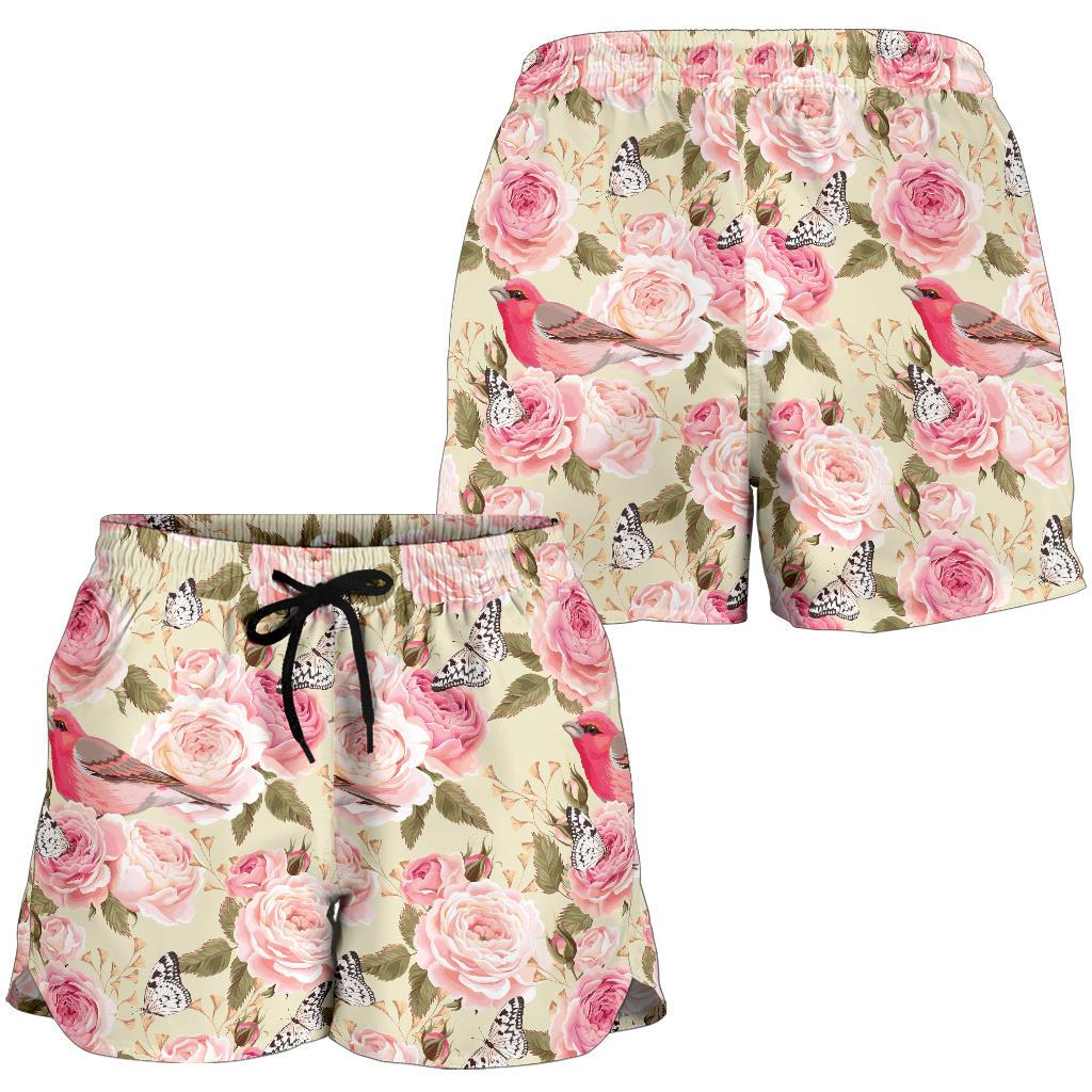 Bird Butterfly Pink Flower Print Pattern Women Shorts-JTAMIGO.COM