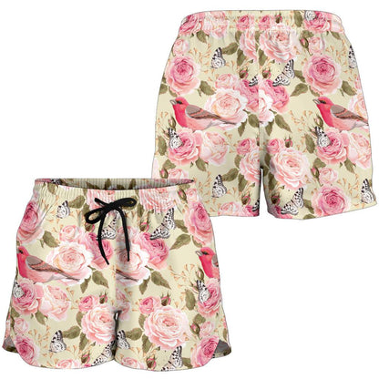 Bird Butterfly Pink Flower Print Pattern Women Shorts-JTAMIGO.COM