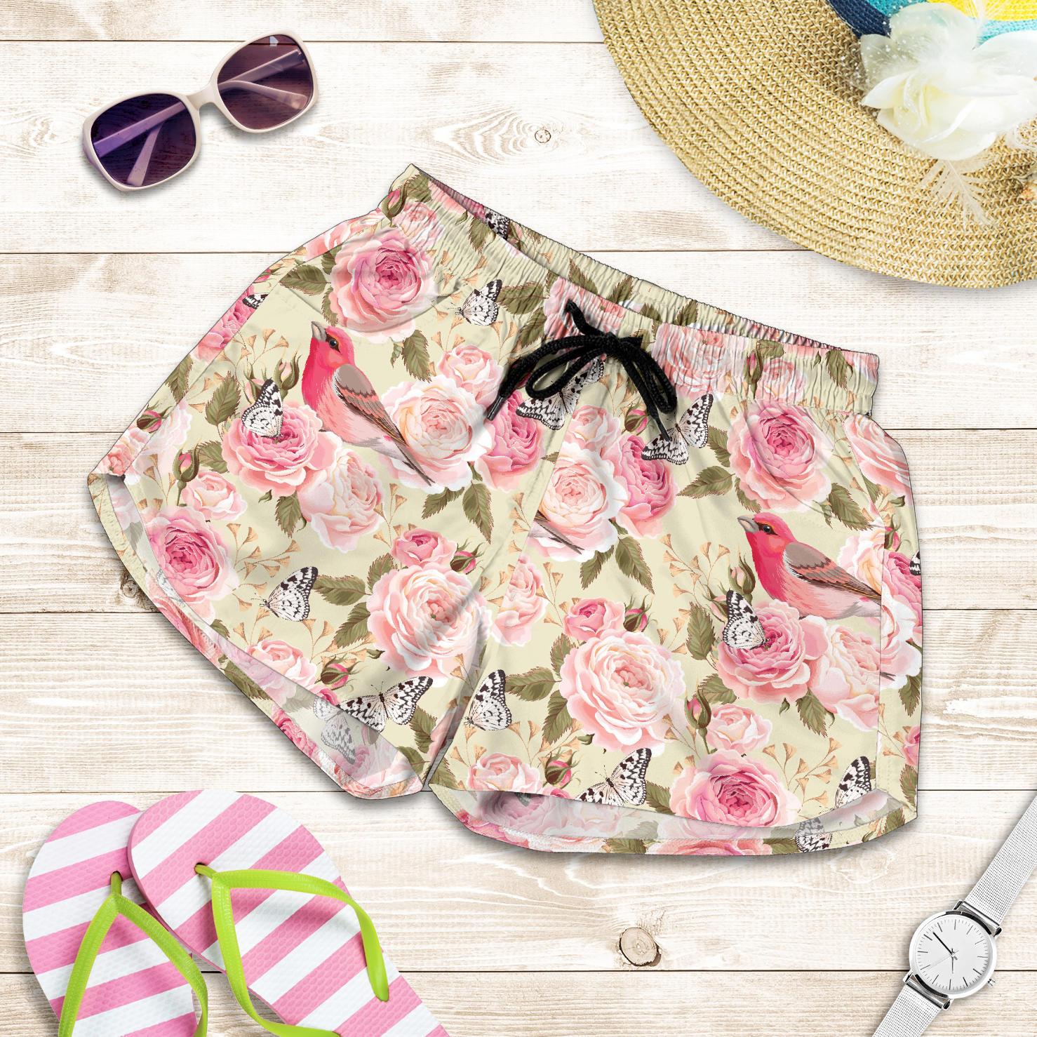 Bird Butterfly Pink Flower Print Pattern Women Shorts-JTAMIGO.COM
