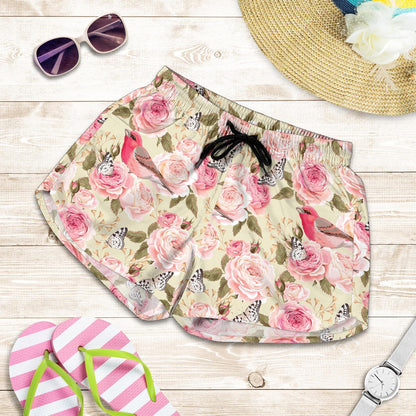 Bird Butterfly Pink Flower Print Pattern Women Shorts-JTAMIGO.COM